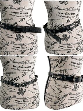 Black Studded Double Wrap Belt Faux Leather Y2K Punk Goth Silver Hardware Small